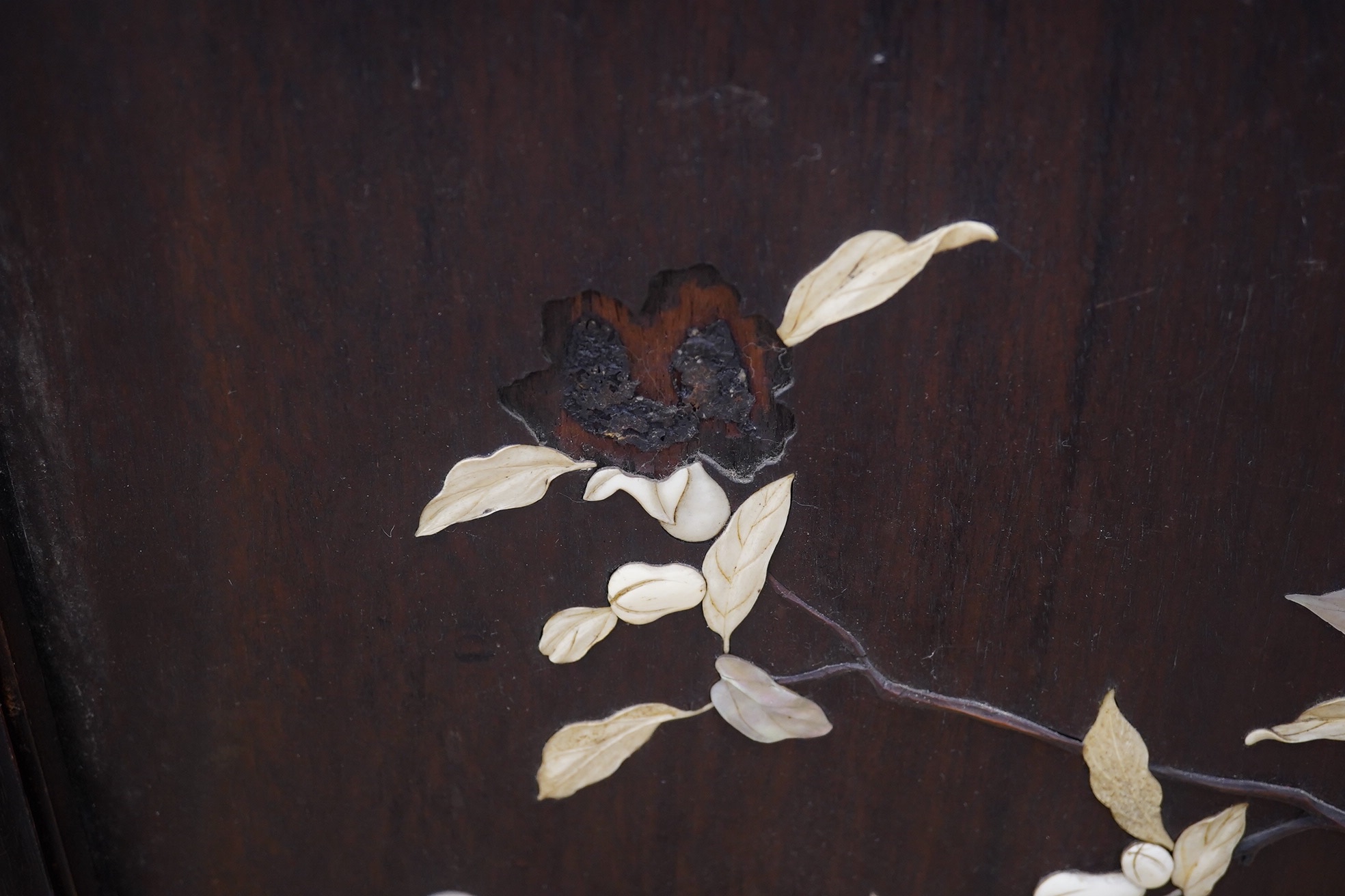 A pair of Japanese Shibayama panels, inlaid with mother of pearl, bone and ivory, Meiji period, 108cm high. CITES Submission reference 2QH2NWQC. Condition - some losses